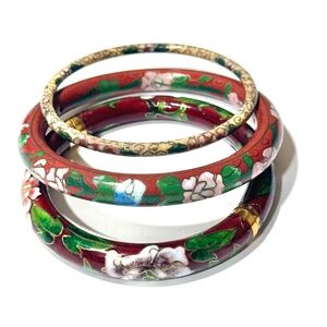 Vintage Chinese Cloisonné Enamel Floral Hinged & Bangle Bracelets Lot of 3